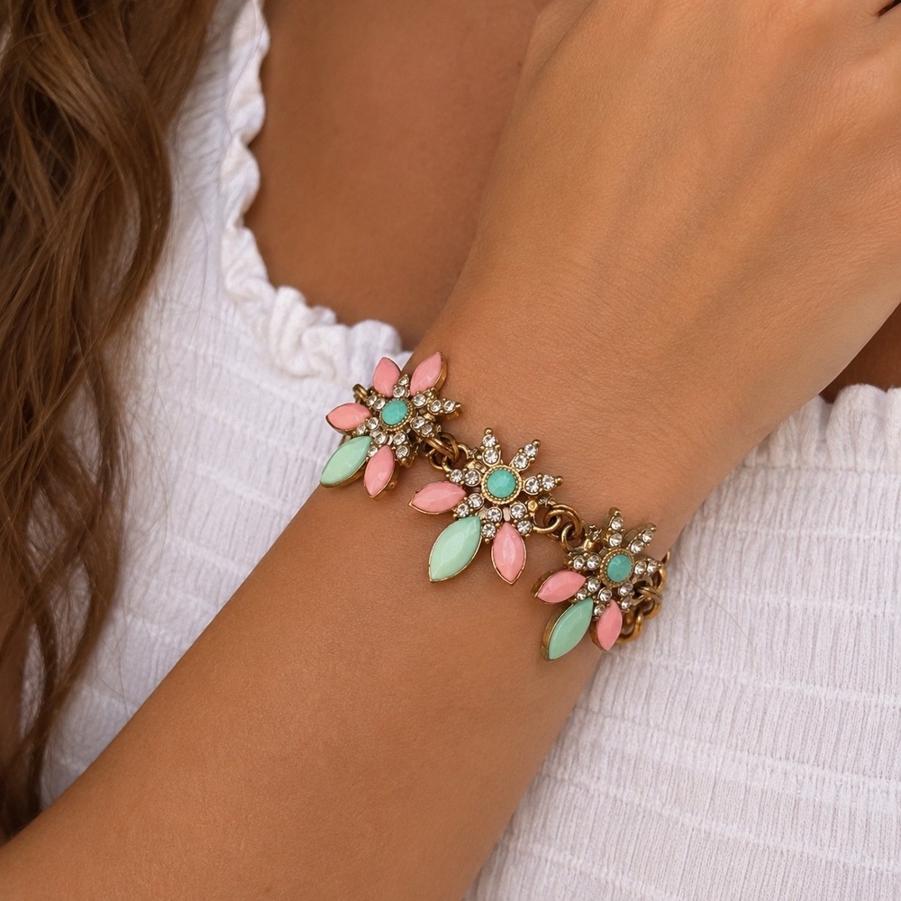 Pastel Rhinestone‎ Floral Statement Bracelet Mint Pink Gold Tone Glam